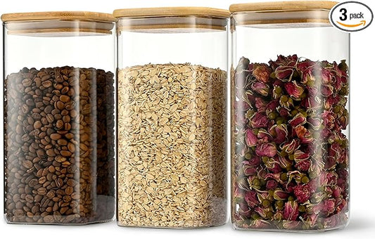 D2scrma 52oz Airtight Glass Square Storage Canister with Bamboo Lid Set of 3 (1550ml) Container Stackable Spice Jar, Kitchen Canister for Flour, Cookies, Cereal and Coffee beans (‎with Black Lable)