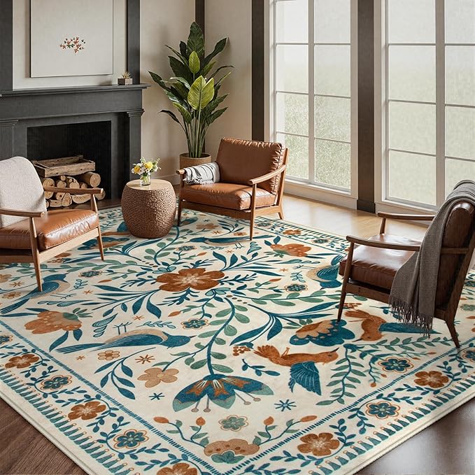 Moynesa Bedroom Rug 5x7, Washable Modern Bohemian Area Rugs for Living Room Dining Room, Farmhouse Floral Bird Print Pattern Carpet, Retro Home Decor Open Floor Areas Non-Slip Protection