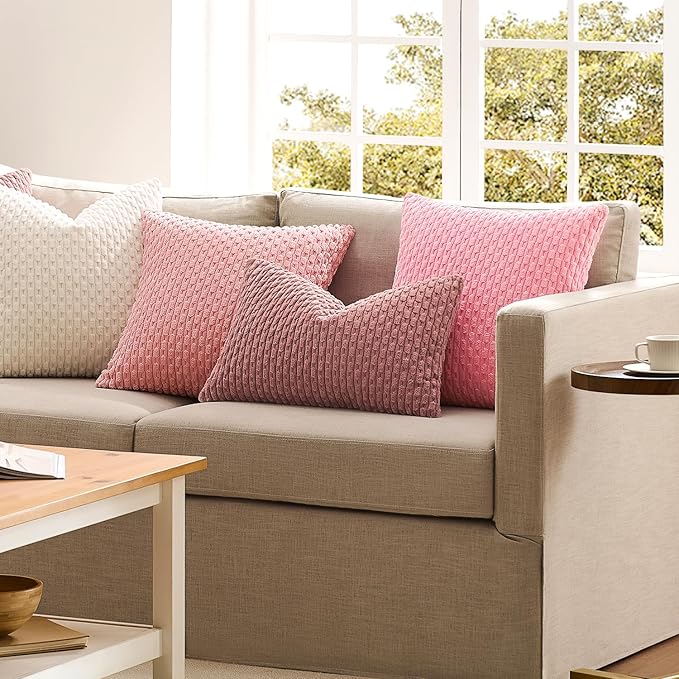 Kevin Textile Valentines Day Decorative Pillow Covers Set of 2 Striped Plush Corduroy Pillows Pillowcases Boho Home Decor Cushion Covers for Couch Sofa Bed Living Room 26x26 Inch, Dark Pink