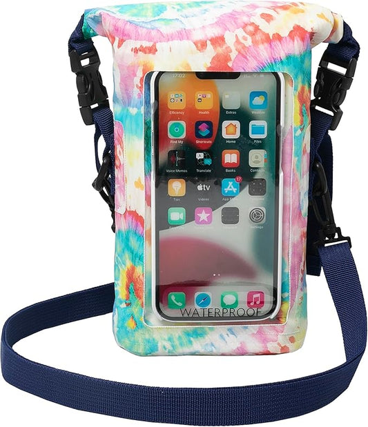 geckobrands Waterproof Phone Tote with 2L Dry Bag and Adjustable Strap – Protect Your Phone and Valuables While on The Go Tie Dye