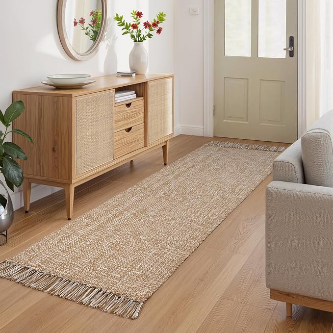 Collive Hallway Runner Rug, 2' x 6' Hand Woven Reversible Washable Entryway Rugs, Tan Cotton Modern Laundry Room Carpet Long Farmhouse Carpets for Bathroom Sink Foyer Bedroom
