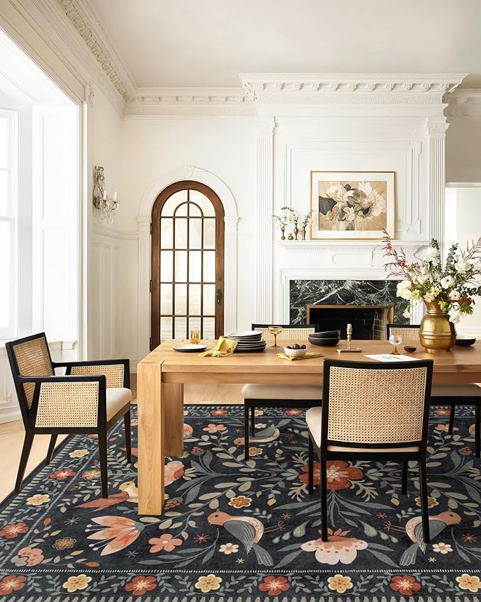 Moynesa Bedroom Rug 5x7, Washable Modern Transitional Black Area Rugs for Living Room Dining Room, Farmhouse Floral Bird Print Carpet, Folk Art Home Decor Open Floor Areas Non-Slip Protection