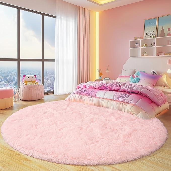 Round Fluffy Rugs 8Ft for Girls Bedroom, Pink Shag Circle Kids Rug Non-Slip for Bedside Dorm Nursery Playroom, Soft Cute Area Rugs for Living Room Decor