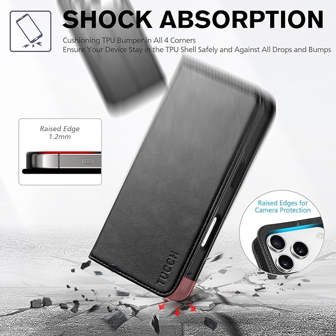 TUCCH Case Wallet for iPhone 17 Pro (6.3") 2025, RFID Blocking 3 Card Holders | Kickstand | PU Leather | Protective Flip Folio Cover | TPU Shockproof Interior Shell | Black