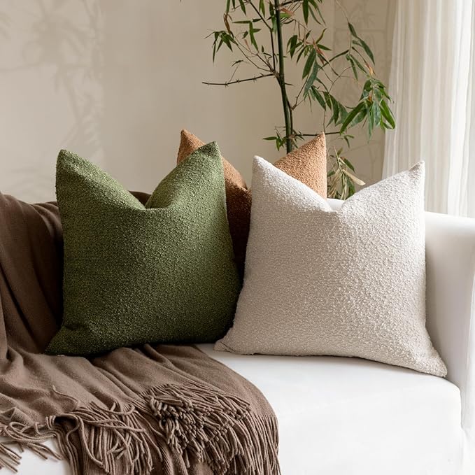 Boucle Decorative Throw Pillow Covers for Couch Set of 2, 24x24 inches, Olive