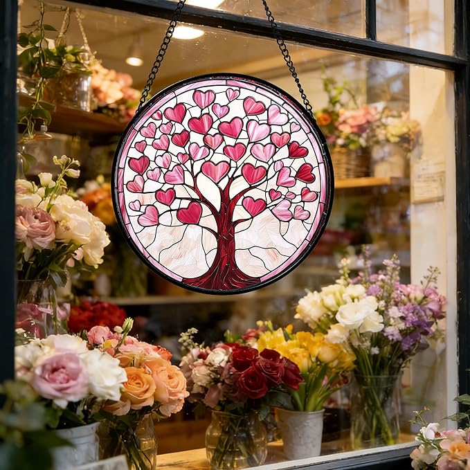 DASTOLL Stained Glass Window Hanging, Pink Love Heart Tree Suncatcher Hangings Beige Sun Catchers Decor for Birthday Holiday for Women, Men, Wife, Aunt, Mom 11.8IN