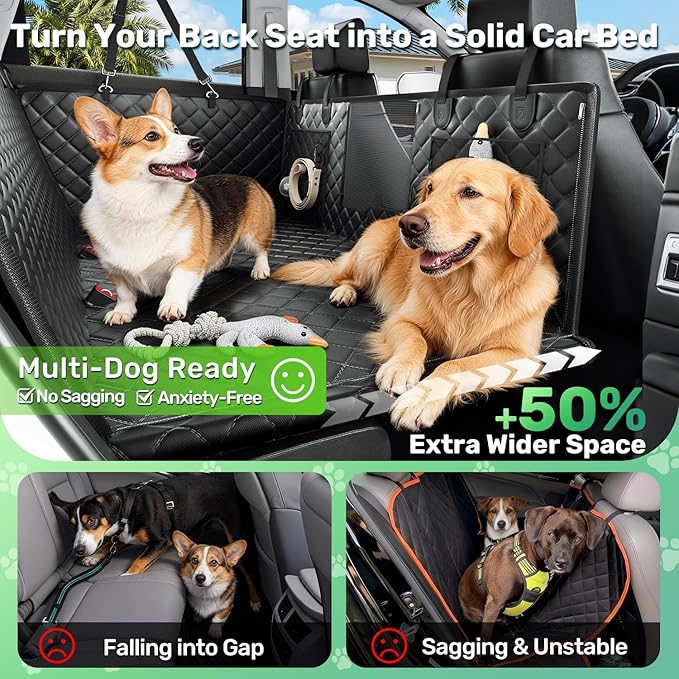 Zanch Heavy-Duty Dog Car Seat Cover, Flat Solid Back Seat Extender for Multi Large Dogs, Hard-Base Supports 450 lb, Waterproof Scrachproof Hammock Protector, Standard for Cars, SUV, Trucks, Black