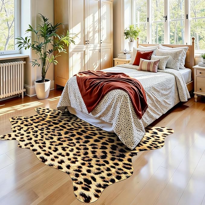 AROGAN Premium Leopard Print Rug 5.2x6.2 Feet, Faux Fur Cheetah Rug, Non-Slip Animal Print Hide Leopard Skin Area Rug for Bedroom Living Room Home Decor