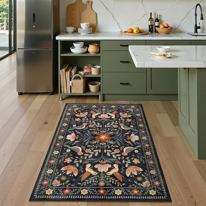 Moynesa 3x5 Entryway Rug Indoor, Modern Transitional Washable Non-Slip Low Pile Black Area Rug for Bedroom Kitchen Entry,Lightweight Foldable Farmhouse Floral Bird Carpet Folk Art Home Decor