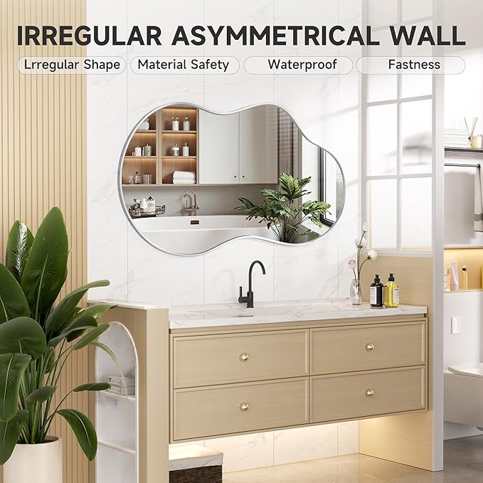 Hasipu Irregular Wall Mirror - 45"x25" Asymmetrical Mirror, Modern Decorative Mirrors for Living Room, Entryway, Hallway, Bathroom, Bedroom,Wall Mounted Home Decor (Silver)