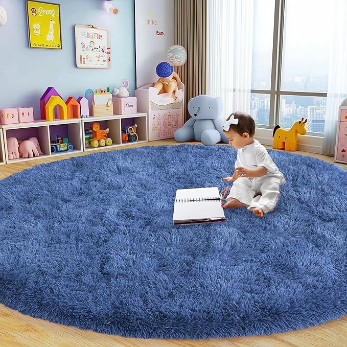 Round Fluffy for Bedroom Rugs, 6Ft Navy Blue Shag Circle Rug Non-Slip for Kids Girls Boys Bedroom Dorm Nursery Playroom, Soft Cute Area Rugs for Living Room Decor