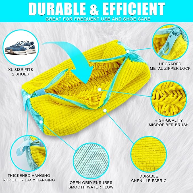 XXL Shoe Washing Machine Bag - 2-Pack Reusable Shoes Cleaning Bags, 360° Deep Clean for Tennis Shoes, Sneakers and Slippers, Includes 2 Shoe Storage Dust Bags (Yellow)