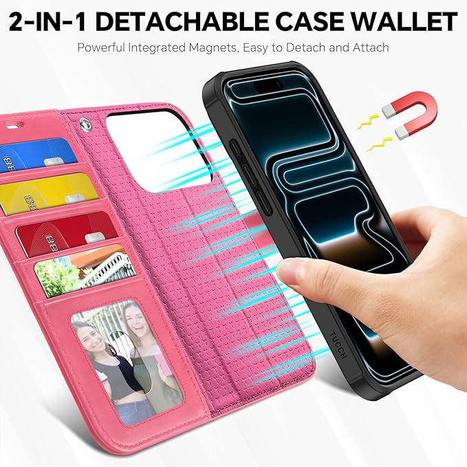 TUCCH 2-in-1 Removable Wallet Case for iPhone 17 Pro (6.3-inch) 2025, Wireless Charging | RFID Blocking 4 Card Slot | Wrist Strap | Kickstand | Magnetic | PU Leather | Protective Flip Cover | Hot Pink