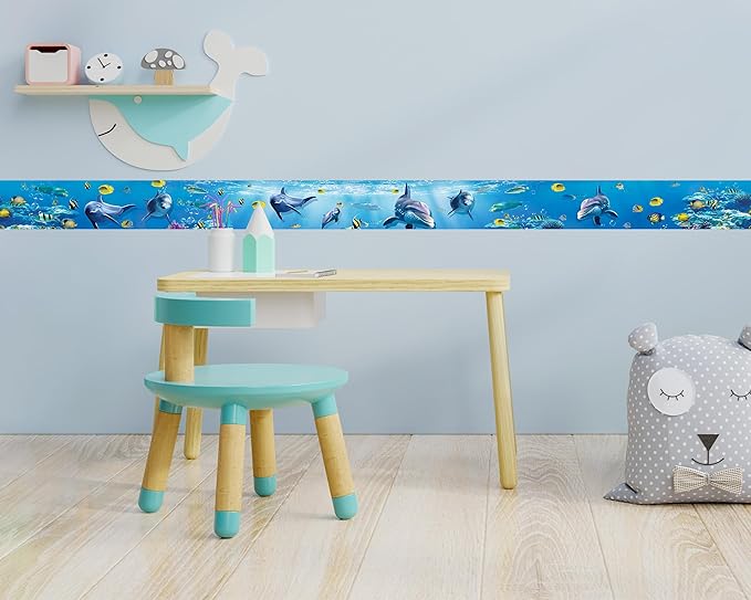 FLFK Peel and Stick Wallpaper Border Wall Decals for Kids Room - Under The Sea Fish Stickers Murals, 5" x 240" (Blue)