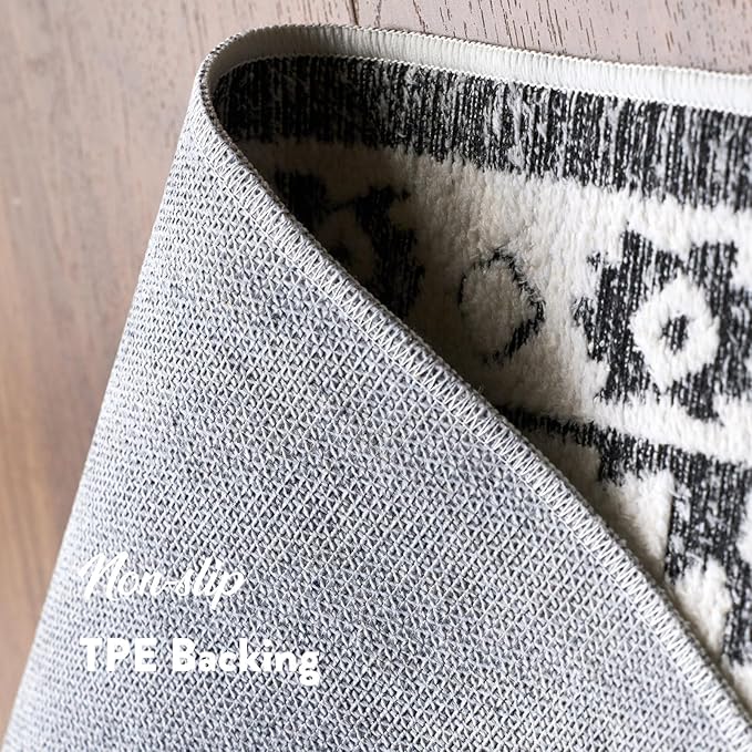 Moroccan Washable Area Rug 4x6, Geometric Decorative Woven Rug Low Pile, Non-Slip Boho Accent Farmhouse Indoor Floor Carpet for Living Room Entryway Laundry Bedroom, Black and White