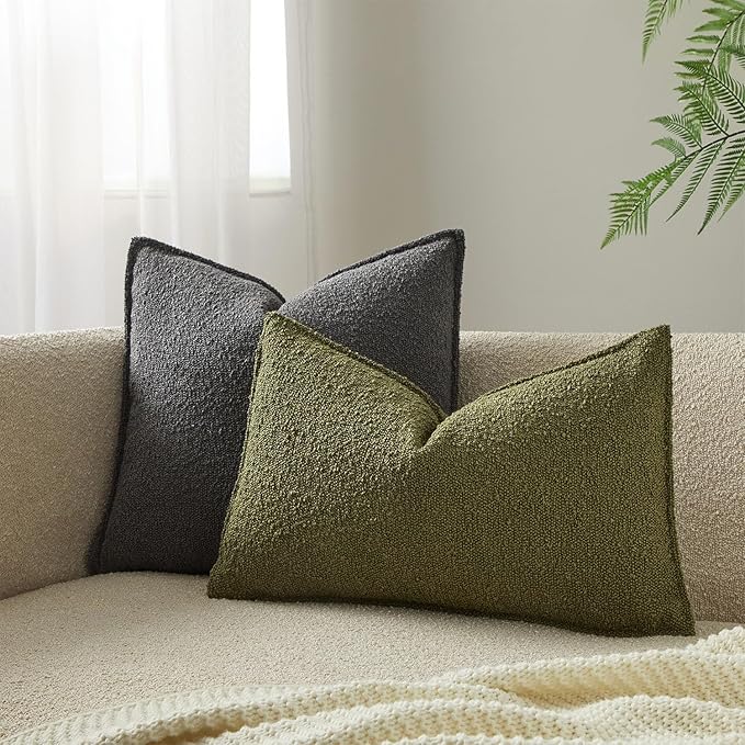 JUSPURBET 12x20 Pillow Covers Set of 2 Decorative Throw Pillow Covers Case for Couch Sofa Bed Soft Boucle Textured Lumbar Cushion Covers with Hidden Zipper for Home Decor Living Room,Olive Green
