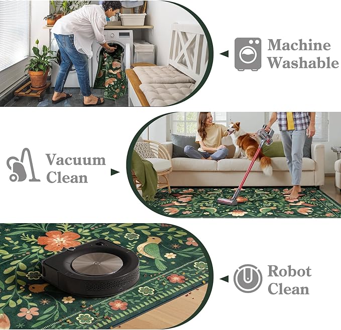 Moynesa 3x5 Kitchen Rug, Modern Cottage Washable Non-Slip Low Pile Area Rug for Bedroom Entryway Entrance Aesthetic,Lightweight Foldable Farmhouse Floral Bird Print Pattern Carpet Retro Home Decor