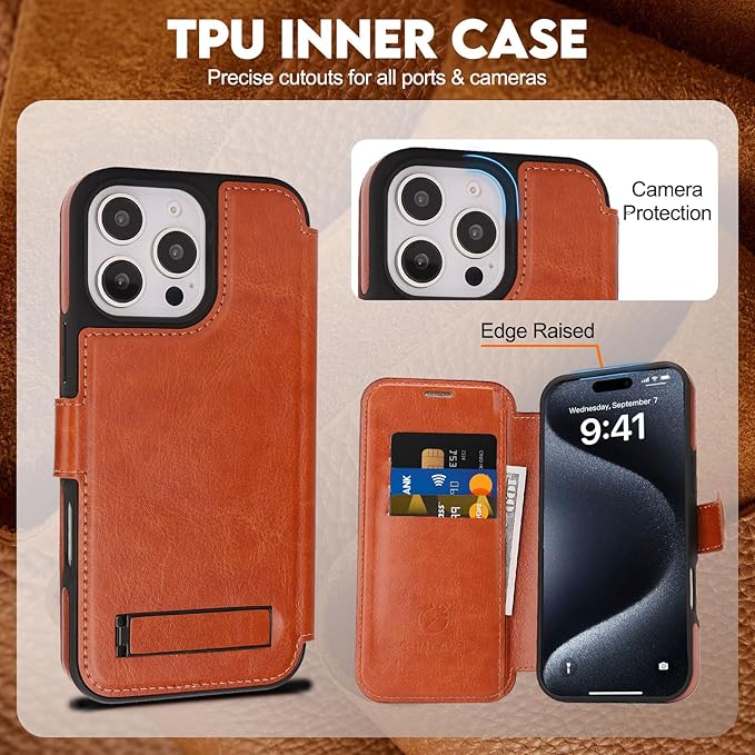CIVICASE for iPhone 16 Pro Wallet Case with Stand,PU Leather Flip Credit Card Holder Slots (RFID Blocking),Compatible with Magsafe Magnetic Holder Phone Cover Women Men,Brown