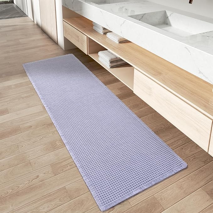 Upgraded Waffle Runner Rug Super Absorbent Non Slip Bath Mats for Bathroom Machine Washable Bathroom Runner Rug with Tassels, Ideal for Hallway Bedroom Laundry Room, 2' x 5' (24" x 60"), Purple