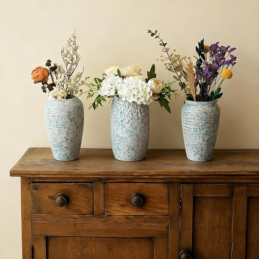 BEAHOT Ceramic Vases Set of 3 – 6.7-inch Handmade Blue & White Pottery Trio with Speckled Glaze – Decorative Flower Vases Home Decor for Table Mantel Entryway Shelf Living Room Kitchen Bathroom