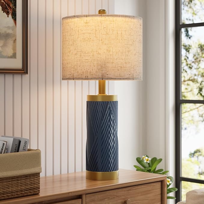 24.5" Modern Ceramic Table Lamp Set of 2 for Living Room, Table Lamps with USB Ports for Bedroom Set of 2， Farmhouse Bedside Nightstand Bedside Lamp End Table Lamps Blue
