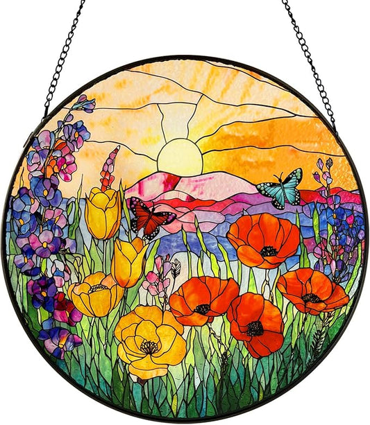 Stained Glass Window Hanging Sunrise Suncatcher, Renyalora 10 Inch Round Wildflower Glass Sun Catcher for Window Wall Art for Home, Patio, Porch, Outdoor Garden Décor Gift for Nature Lovers & Women