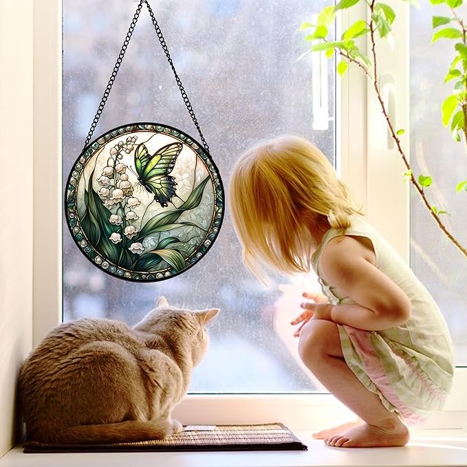 Stained Glass Window Hanging, Lily of The Valley Flower Butterfly Suncatcher for Doors Home Sun Catchers Decoration and Christmas, Mother's Day Birthday Gifts for Women, Men, Mom 11.8x11.8 in