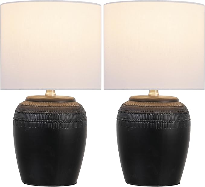 JONATHAN Y JYL5707A-SET2 16.75" Black Rustic Reeded Ceramic Table Lamp Set of 2 for Living Room, Traditional Farmhouse Bedside Nightstand Lamps with White Linen Shade, LED Bulbs Included