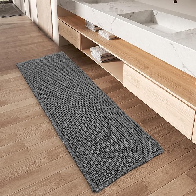 Upgraded Waffle Runner Rug Super Absorbent Non Slip Bath Mats for Bathroom Machine Washable Bathroom Runner Rug with Tassels, Ideal for Hallway Bedroom Laundry Room, Dark Grey, 2' x 5'(24" x 60")