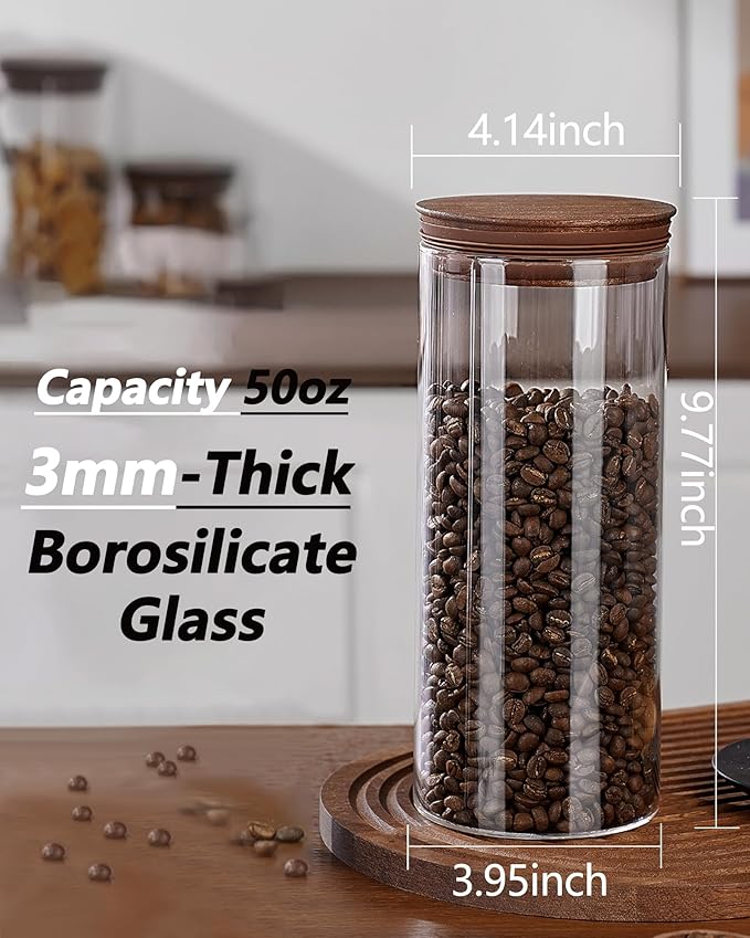 BOILMERIT 2PCS of 50floz Round Coffee Canister with Wooden Lids, Airtight Glass Coffee Jars for Ground Coffee, Coffee Beans Storage Container