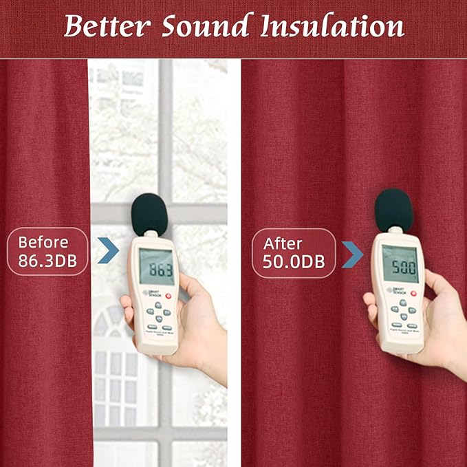 LAMIT Red 100% Blackout Window Curtains for Bedroom, 45 Inches Linen Textured Thermal Christmas Decor Drapes Back Tab and Rod Pocket Window Panels with White Liner, 2 Panels, 52 x 45 Inch