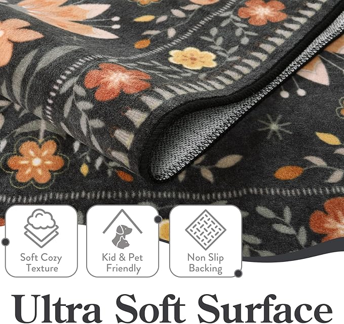 Moynesa 3x5 Entryway Rug Indoor, Modern Transitional Washable Non-Slip Low Pile Black Area Rug for Bedroom Kitchen Entry,Lightweight Foldable Farmhouse Floral Bird Carpet Folk Art Home Decor