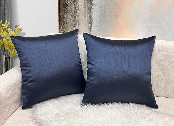 Aiking Home 18x18 Inches Faux Silk Square Throw Pillow Cover, Zipper Closure, Navy (Set of 2)