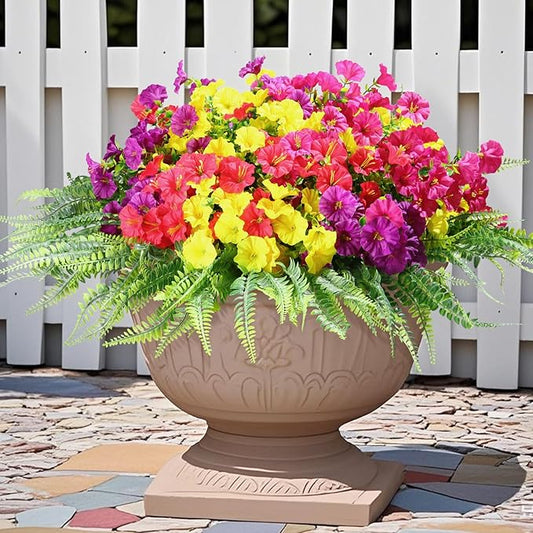 16 Bundles Outdoor Artificial Fake Flowers UV Resistant No Fade Plastic Faux Morning Glory Silk Flowers Plants for Home Garden Porch Patio Window Box Farmhouse Hanging Décor