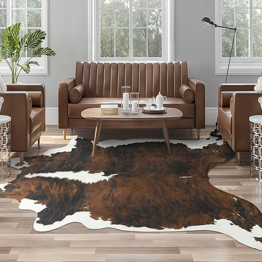 AROGAN Western Decor Faux Fur Cowhide Rug, 5.2x6.3 Feet Premium Animal Skin Cow Hide Rug, Sturdy Cow Print Rugs for Wall Decor, Western Floor Carpet for Bedroom Living Room, Black and Brown