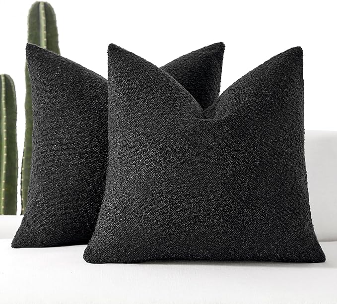 Boucle Decorative Throw Pillow Covers for Couch Set of 2, 20x20 inches, Black