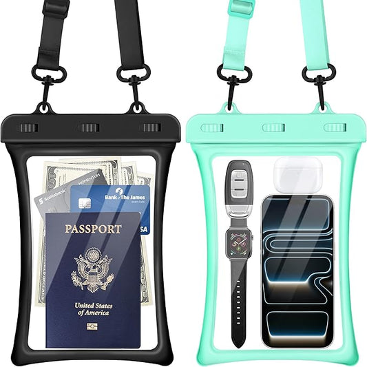 CACOE [Floatable Extra Large Universal IPX8 Waterproof Phone case 2 Pack-Up to 10.0",Adjustable Lanyard Phone Pouch,Dry Bags for Vacation Beach Pool Kayak Cruise Travel Essentials（Black+Green）