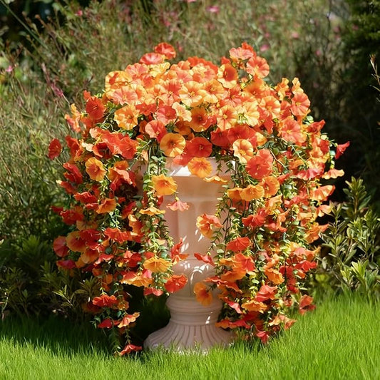 2 PCS Artificial Hanging Fall Flowers for Outdoor Decoration, UV Resistant Realistic Silk Morning Glory with Eucalyptus for Autumn Home Decor Porch Balcony Garden Planter(Orange Yellow)
