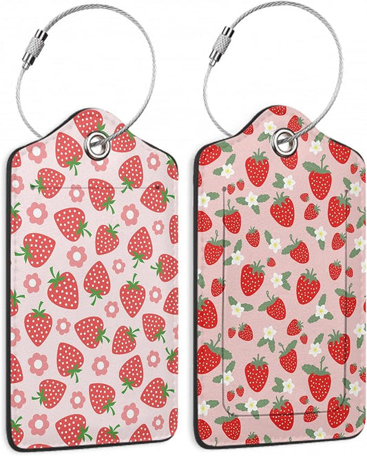2 Pack Luggage Tag for Suitcase,Retro Strawberry Leather Suitcase Tags Identifiers with Privacy Name Address Labels and Durable Steel Loop for Women Men Travel