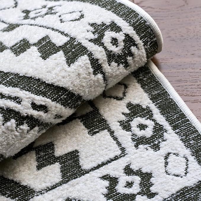 Moroccan Washable Runner Rug 2x6, Geometric Woven Area Rug, Farmhouse Boho Accent Hallway Runner Rug, Non-Slip Soft Low Pile Throw Mat for Bedroom Living Room Kitchen, Olive Green/White