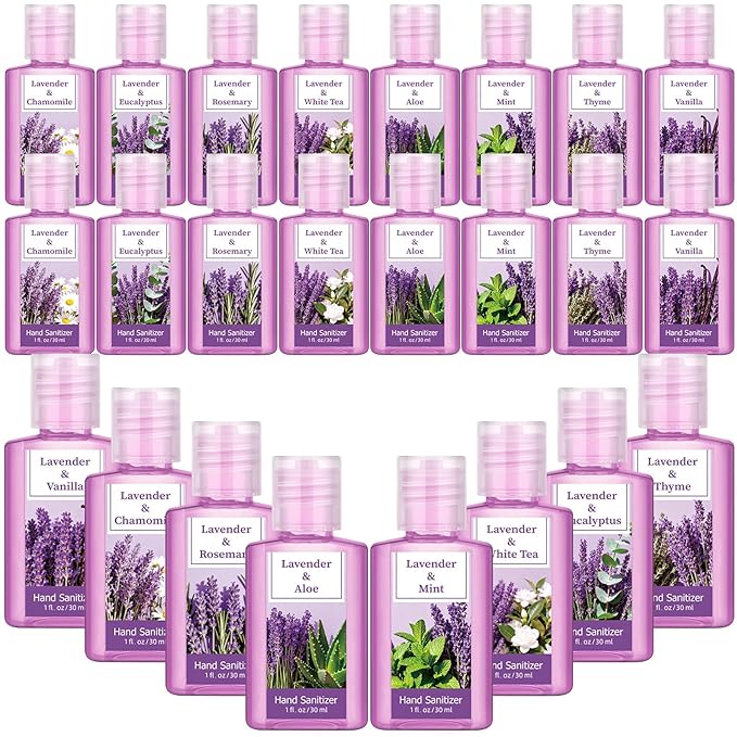 Frienda 24 Pcs Mini Hand Sanitizers Bulk Travel Size Lavender Scented Hand Sanitizers 1 Fl oz Pocket Sanitizing Moisturizes Cleans Hands for Guest Adults Family Office Travel Christmas Party Gifts