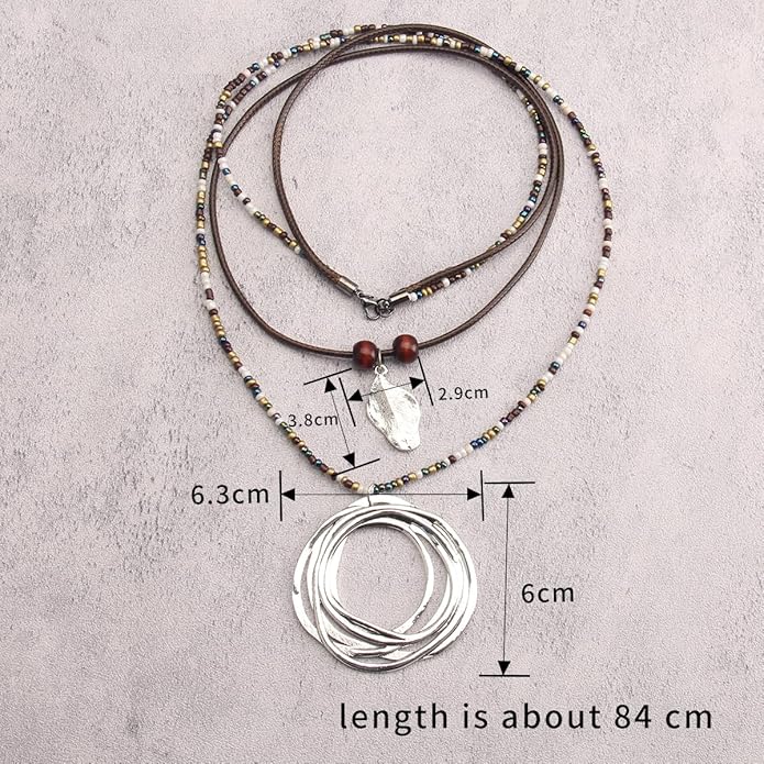 Leather Necklace for Women Boho Choker Necklace Long Cord Leather Pendant Bohemian Neckalce Vintage Alloy Pendant Leather Rope Necklace Wooden Necklaces for Women