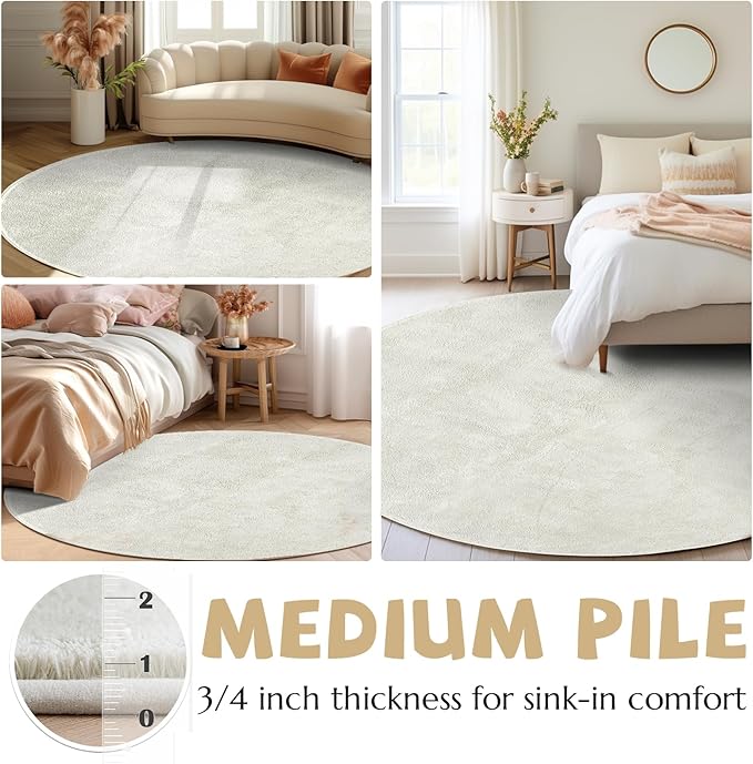jinchan Solid Plush Round Rug 4ft Performance Shaggy Circle Rug 4' Round Washable Indoor Soft Modern Faux Wool Non Slip Carpet for Living Room Kids Room Bedroom Dining Room Ivory