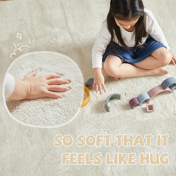 jinchan Solid Plush Area Rug 3x5 Performance Shaggy Washable Rug Indoor Soft Modern Faux Wool Cozy Non Slip Carpet for Living Room Kids Room Bedroom Dining Room Nursery Ivory