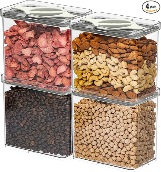 Prestoor 4-Pack Airtight Pantry Containers, 1.9 QT Clear SAN Food Storage Jars with Twist-Lock Lids, Detachable for Easy Cleaning, Stackable for Cereal, Pasta, Rice, Oats & Snacks White