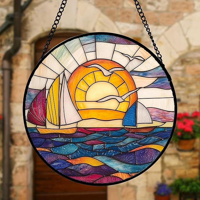DASTOLL Stained Glass Window Hanging, Sailboat and Waves Suncatcher Diamond Glass Panel Hangings Sun Catchers Decor for Birthday for Women, Men, Wife, Aunt, and Mom 6.3 in