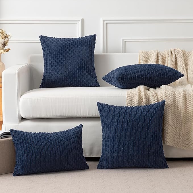 Kevin Textile Pillow Covers Decorative Set of 2 Striped Corduroy Plush Velvet Pillowcases Cushion Cover for Couch 16x16 Inch Navy Blue