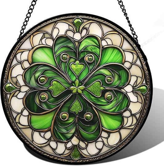 DASTOLL Stained Glass Window Hanging St. Ripak Festival Green Lucky Clover Large 11.8" - Suncatcher Door Garden Sun Catcher Ireland Decor Mother's Day for Mom Woman Her Men Sisters