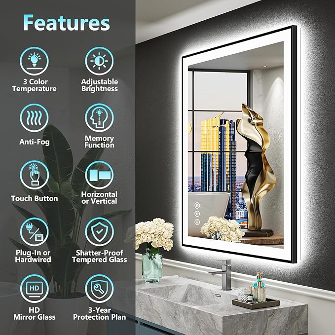32x36 Black Framed LED Bathroom Mirror with Lights, Backlit & Front Lit, Anti-Fog Lighted Vanity Mirror for Bathroom Wall, 3 Colors, Dimmable, Memory, HD Tempered Glass, Horizontal/Vertical