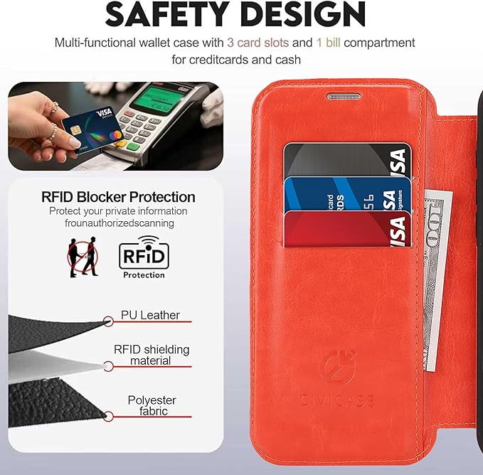 CIVICASE for iPhone 13 Pro Wallet Case with Stand,PU Leather Flip Credit Card Holder Slots (RFID Blocking),Compatible with Magsafe Magnetic Holder Phone Cover Women Men,Orange